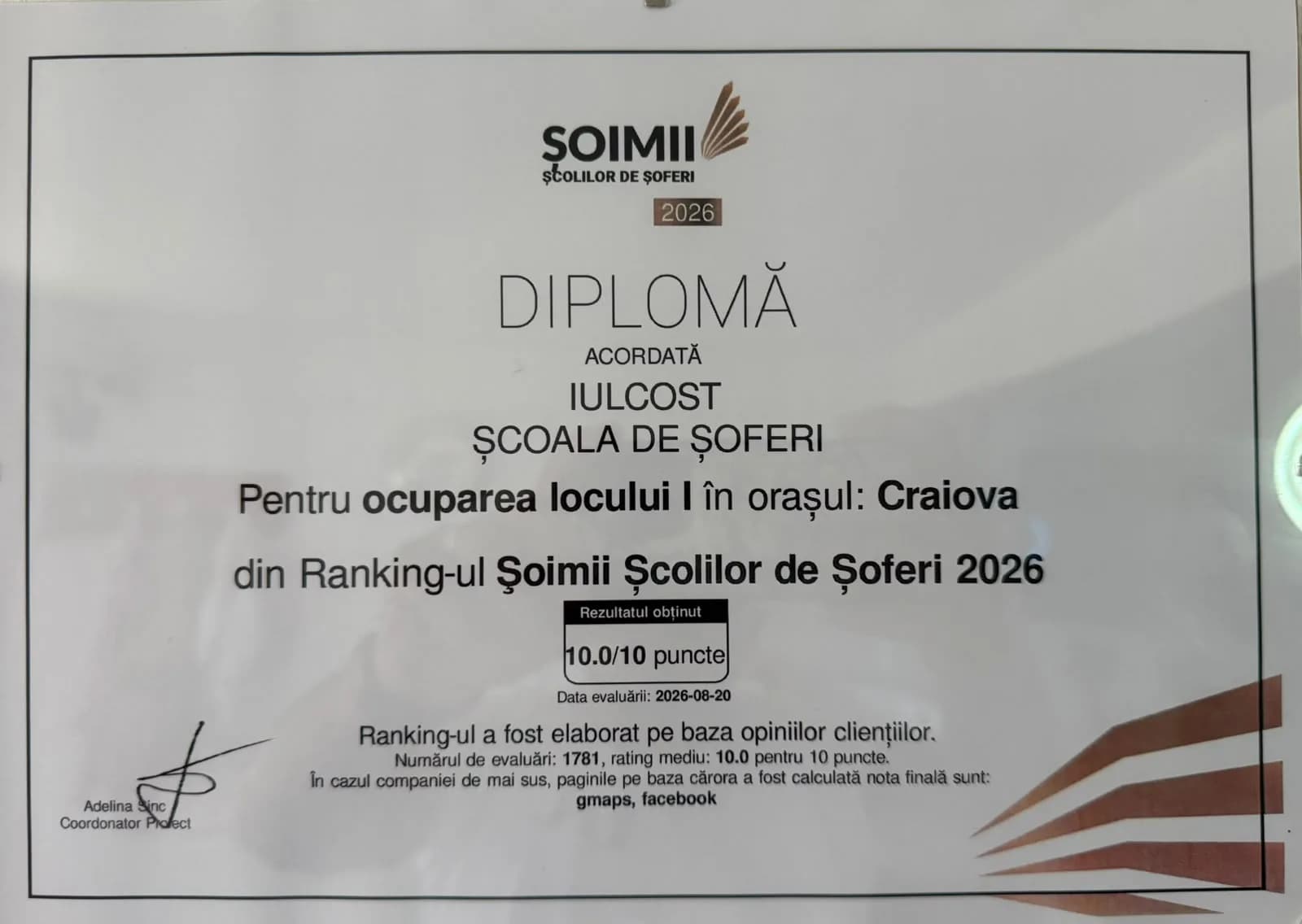 Diploma Șoimii Școlilor de Șoferi 2026: 10 din 10 puncte